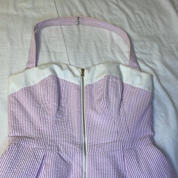 Lilly Pulitzer Marisa Seersucker Pink Halter Mini Dress Summer Striped Zipper - Picture 2 of 12